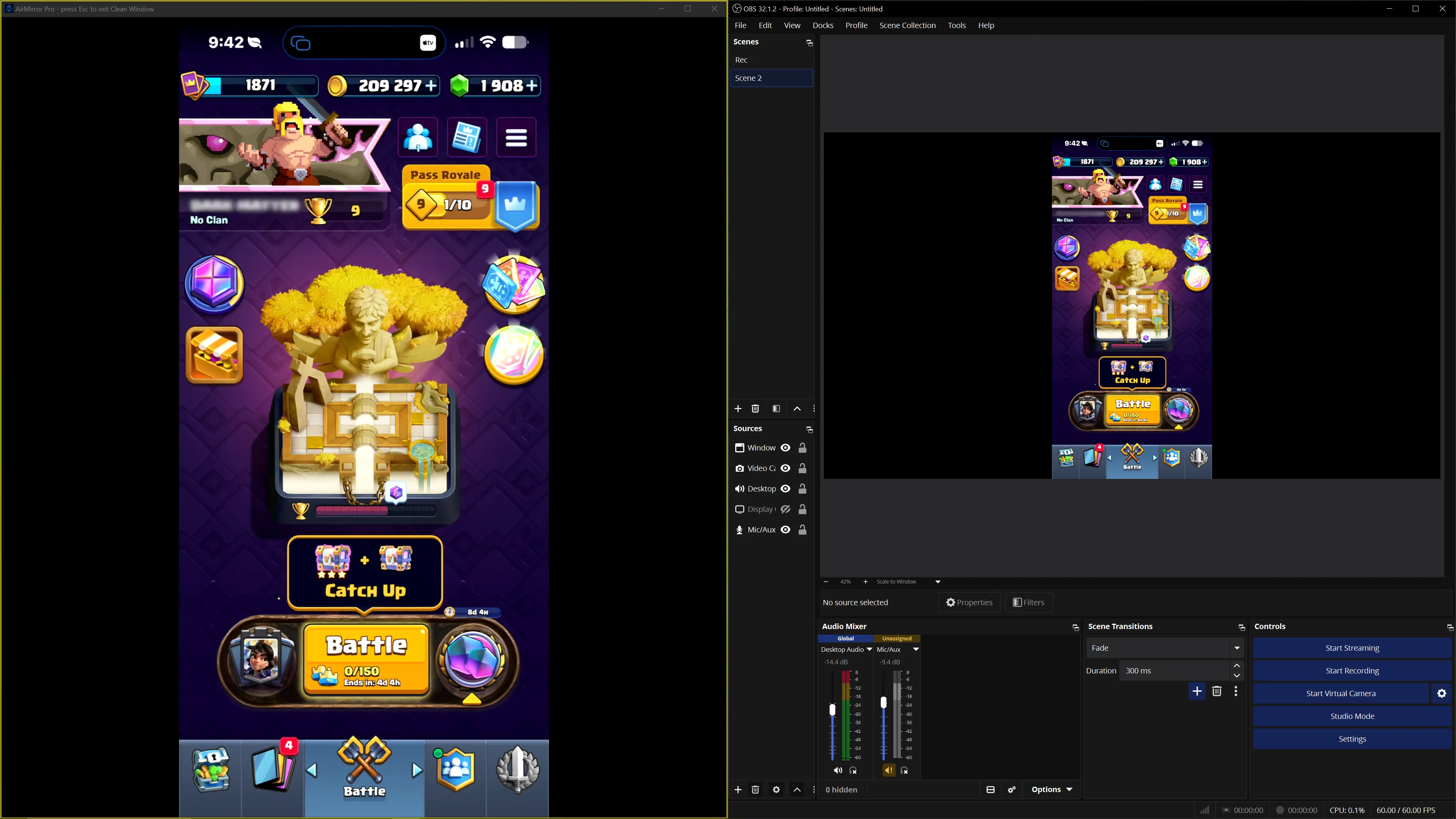 AirMirror Pro with OBS capturing Clash Royale gameplay