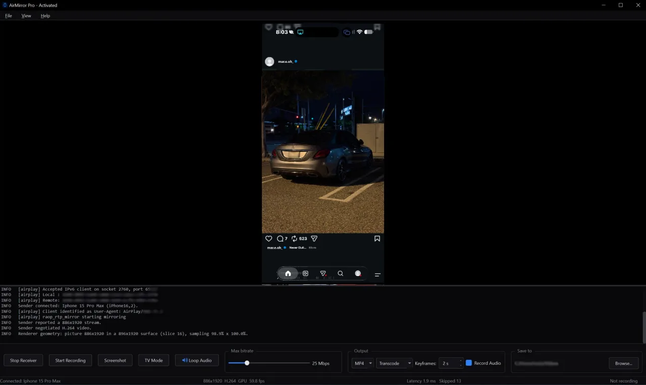 An iPhone screen mirrored in AirMirror Pro on Windows